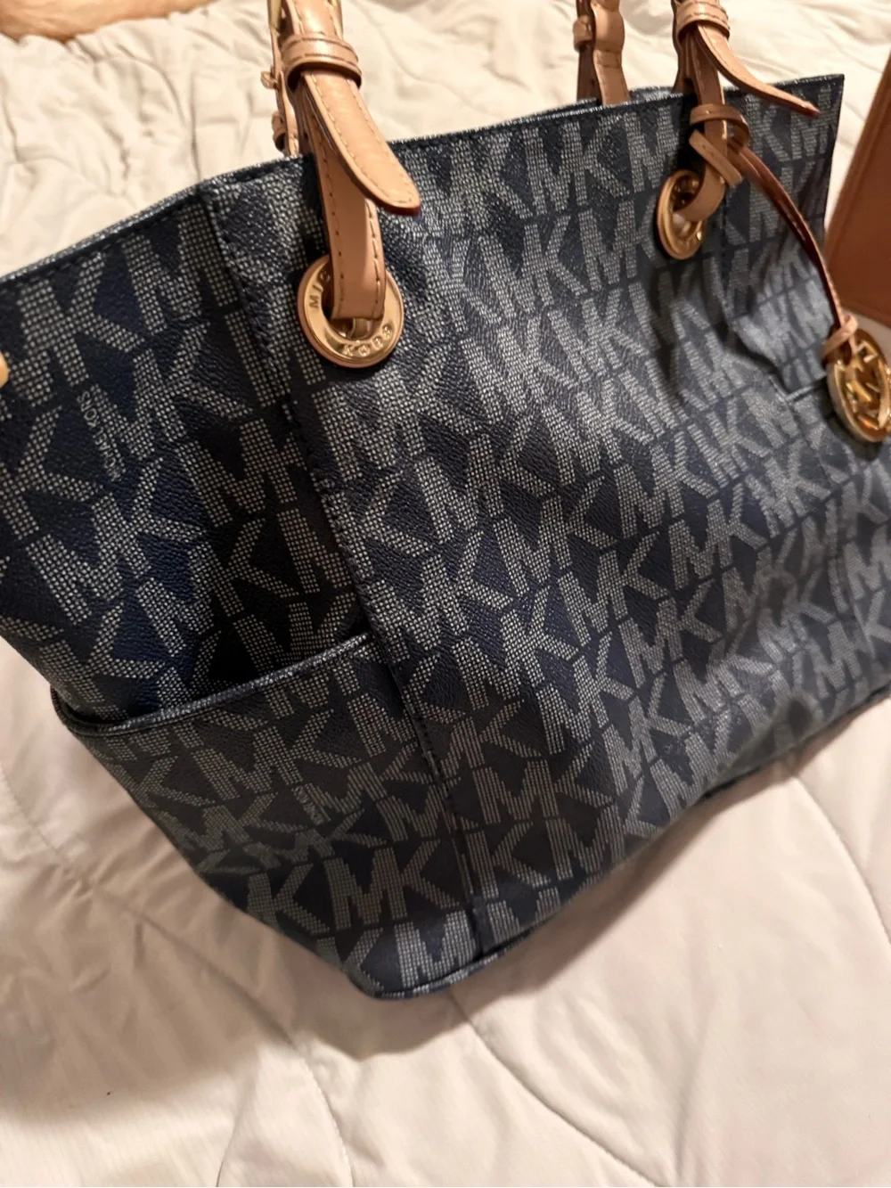Michael Kors Navy MK Logo Tote with Tan Leather Straps